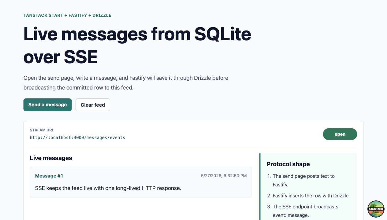 The live feed receives the committed message over the SSE stream