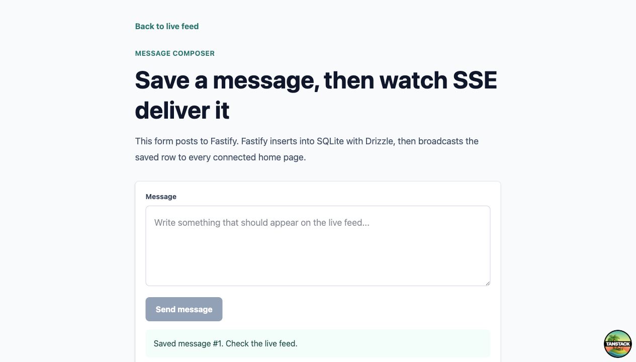 The send page posts a normal message before SSE broadcasts the saved row