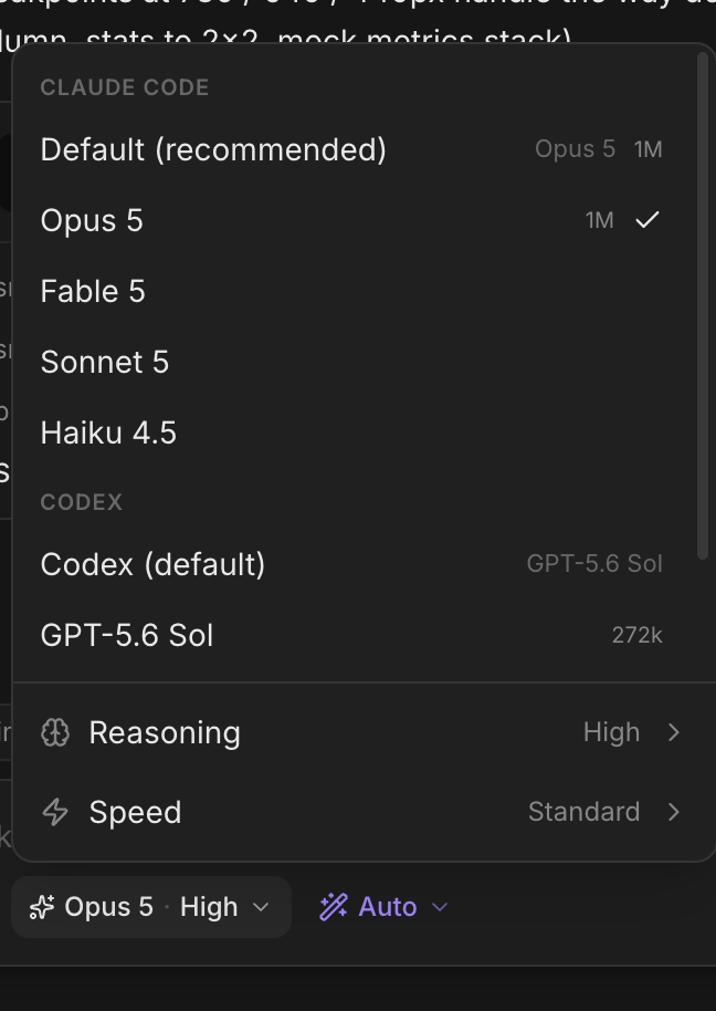 Carbon's model picker: a Claude Code group listing Opus 5, Fable 5, Sonnet 5 and Haiku 4.5, a Codex group listing GPT-5.6 Sol, and reasoning and speed rows beneath
