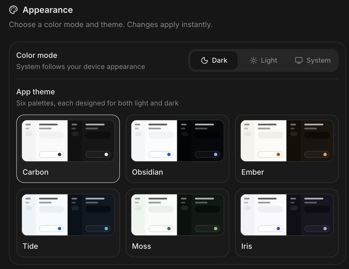 Carbon's Appearance settings: a Dark, Light and System mode switch above a grid of six theme cards — Carbon, Obsidian, Ember, Tide, Moss and Iris — each previewing its light and dark halves